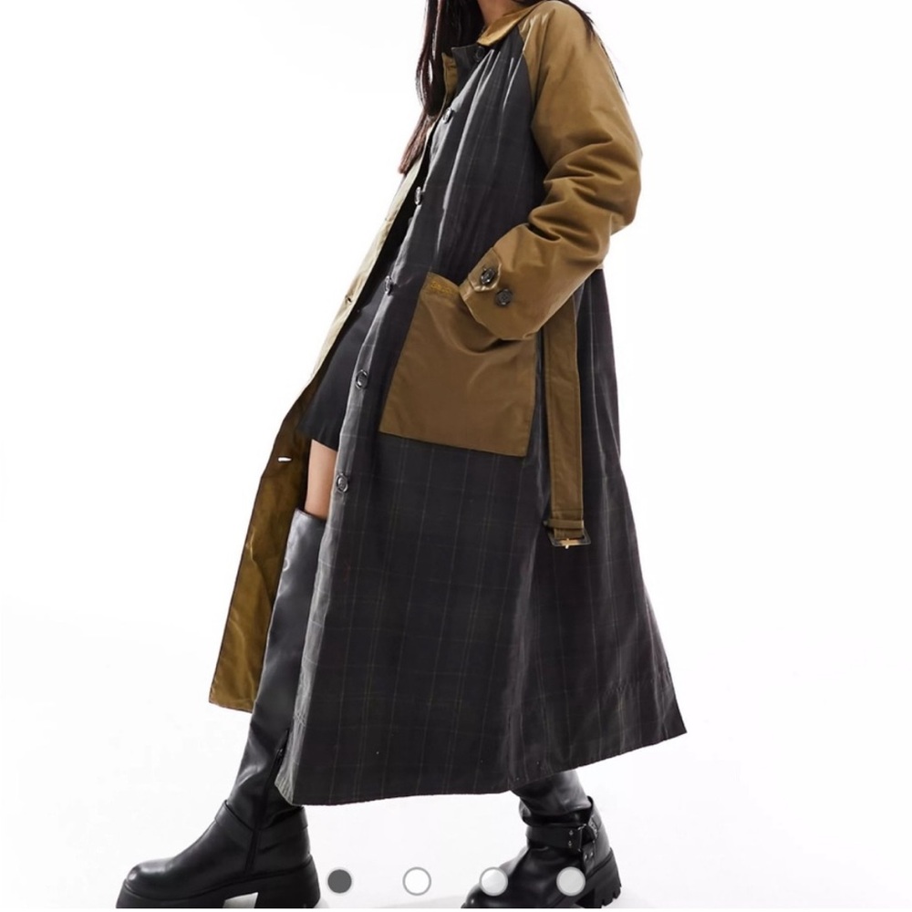 Barbour Two-Tone Olive Brown and Charcoal Plaid Trench Coat